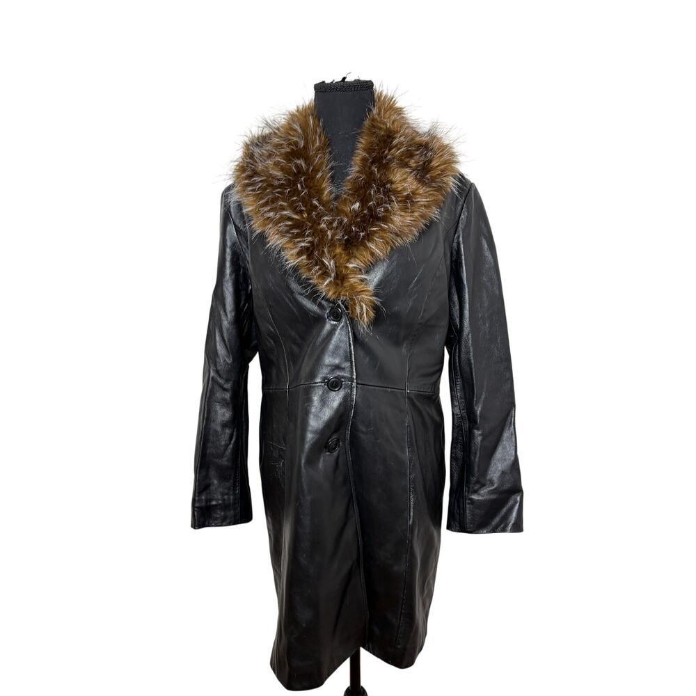 Vintage W New York by Winlit Black Leather Coat Removable Faux Fur Collar S